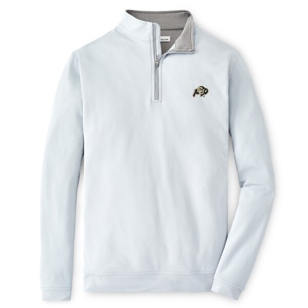 A white collared quarter zip with a c-u buffalo logo on the left chest.